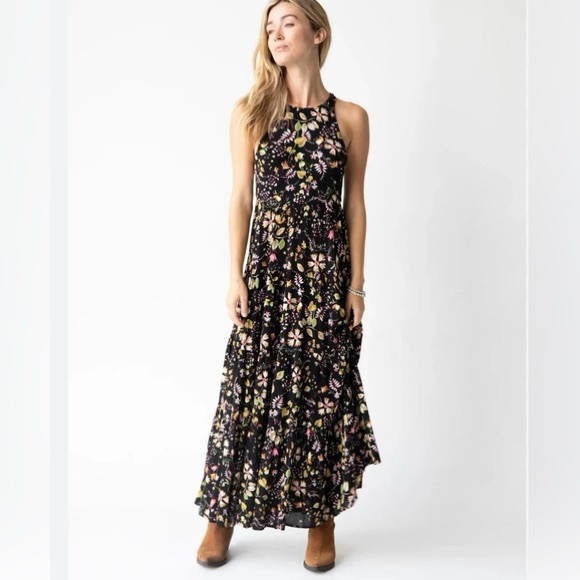 Natural Life Halle Floral Halter Maxi Dress Black Boho Tiered Large - Picture 3 of 14